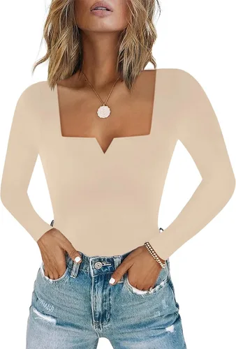 Vista 28 de Chunpin Body de manga larga para mujer, cuello cuadrado, muesca, cuello en V, traje de cuerpo de doble forro para salir, trajes de tanga Slim Fit