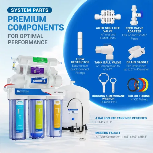Vista 3 de Max Water Sistema de filtración de agua RO (ósmosis inversa) de 10 etapas para debajo del fregadero + tanque resistente + grifo - (5 en 1) sistema