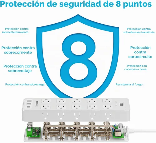 Vista 9 de Regleta de alimentación con enchufe plano, protector contra sobretensiones con 20 tomas de corriente AC y 6 puertos USB de carga, 1875 W/15 A, 2700