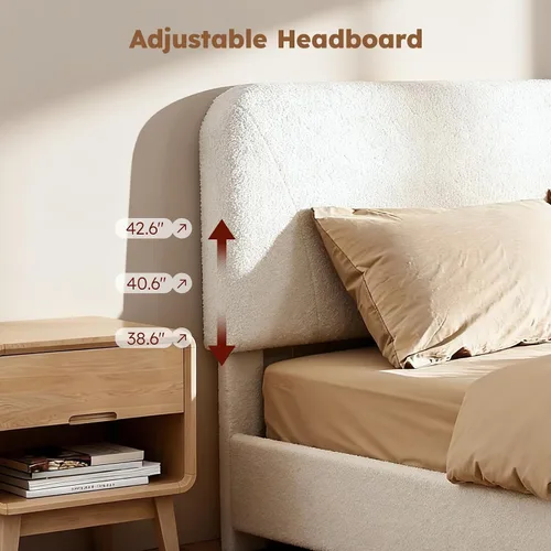 Vista 4 de Estructura de cama en forma de nube BERRY NEST, estructura de cama suave de bouclé con cabecero ajustable, patas de madera maciza, diseño