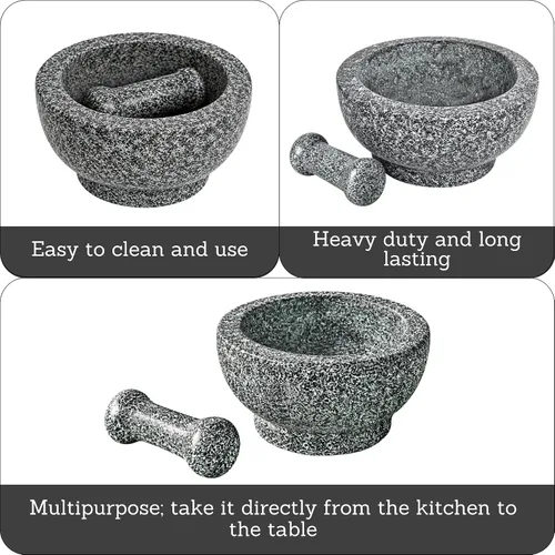 Vista 2 de IMUSA Molcajete de granito pulido tradicional resistente de 8.5 pulgadas para guacamole fresco, salsa, pesto, hierbas, especias