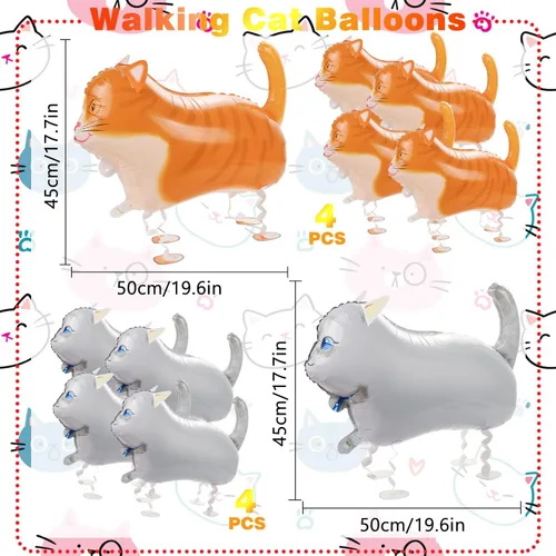 Vista 2 de 8 globos de gato que camina, globos de Mylar de gato con 2 cintas, globos largos de aluminio para decoración de fiesta de cumpleaños temática