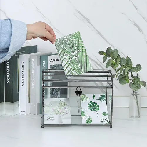 Vista 4 de HighFree Caja grande de cristal para tarjetas de boda de 12.2 pulgadas con ranura y cerradura, terrario geométrico de cobre hecho a mano, caja