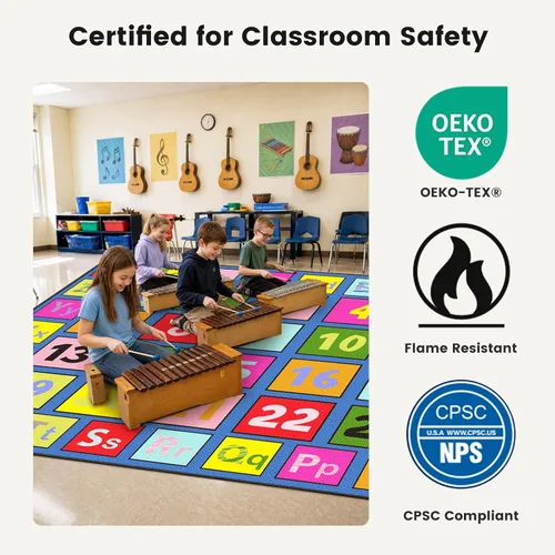 Vista 3 de Alfombra de aula con números para niños, 7 pies 6 x 13 pies 1 pulgadas, alfombra de nailon duradera con respaldo antideslizante, alfombra escolar