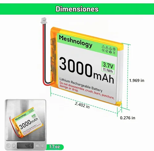 Vista 4 de Batería LiPo de 3.7 V 3000 mAh recargable 1S 755060 Batería de polímero de litio con placa de protección cinta de goma aislada, enchufe micro JST