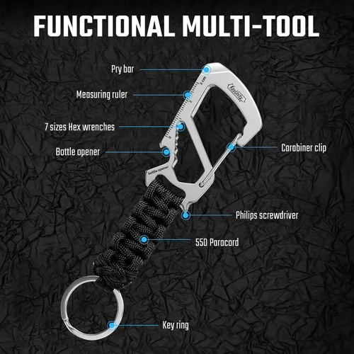 Vista 4 de KeyUnity KC00 Llavero de mosquetón de paracord, cordón de paracaídas 550 Multiherramienta para exteriores, mochilas, hombres y mujeres