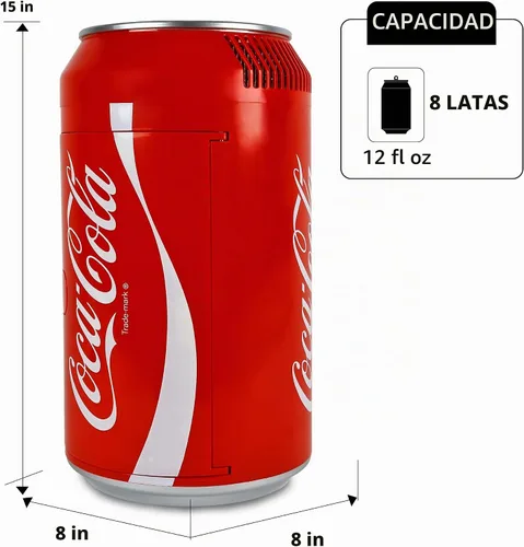 Vista 7 de Coca Cola Mini Refrigerador - Refrigerador para Dormitorio, Oficina, Enfriador de Bebidas Portátil de Mesa, Refrigerador de 12V 220V para Bebidas