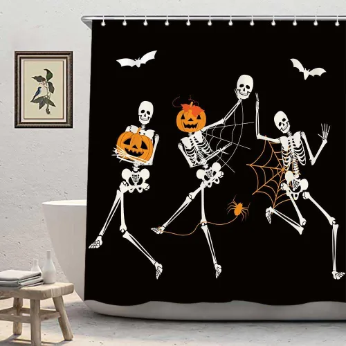 Vista 4 de Divertida cortina de ducha de esqueleto de calavera de Halloween, calabaza, murciélago, araña, decoración de baño, juego de cortinas de tela negra