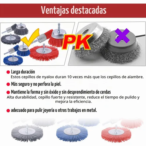 Vista 5 de Rocaris Paquete de 9 ruedas de cepillo de alambre abrasivo de filamento de nailon y cepillo de taza con vástago hexagonal de 1/4 pulgadas