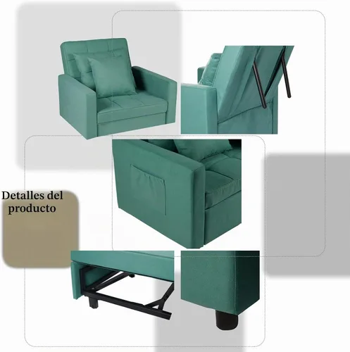 Vista 7 de Polar Aurora Silla de sofá cama convertible 3 en 1, tumbona, sillón reclinable individual para espacio pequeño con respaldo ajustable (verde)