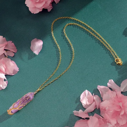 Vista 3 de VIBILIA - Collar con dije sanador para mujeres y hombres, piedra natural hexagonal en punta envuelta con alambre en forma del árbol de la vida