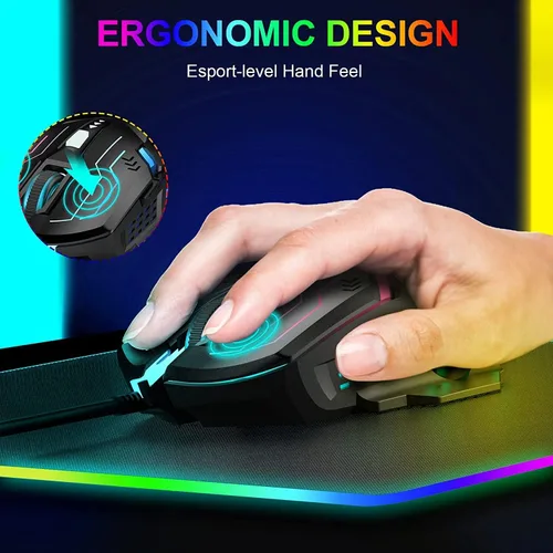 Vista 3 de GK-XLI Mouse para juegos con cable, RGB para computadora con cable USB con modo de retroiluminación Chroma, mouse ergonómico DPI ajustable de alta