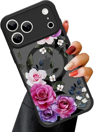 Vista 58 de OOK Funda magnética para iPhone 13 Pro Max [compatible con MagSafe] Funda delgada translúcida mate con flor silvestre negra, protección para lente
