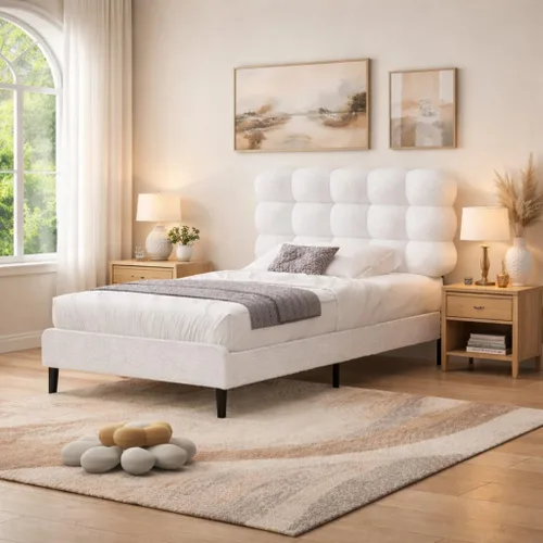 Vista 7 de Base de cama individual BarnFurin con cabecera tapizada, tela suave tipo bouclé, cama plataforma con fuerte soporte de listones de madera, diseño