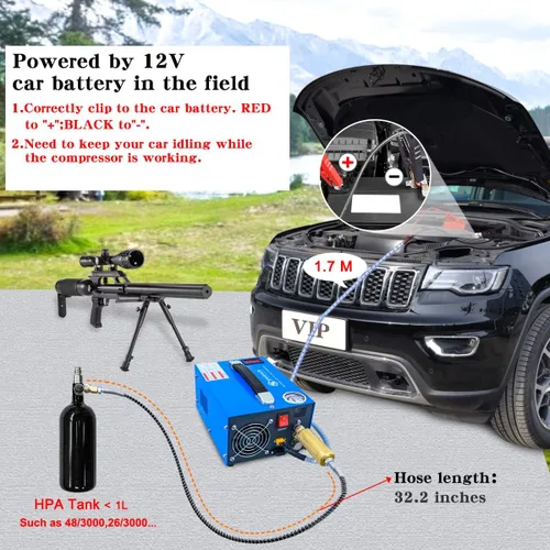 Vista 4 de Compresor de aire PCP, portátil de 4500 Psi/30 Mpa, sin agua/aceite, rifle PCP/pistola y bomba de aire de tanque de paintball, alimentado por 12 V