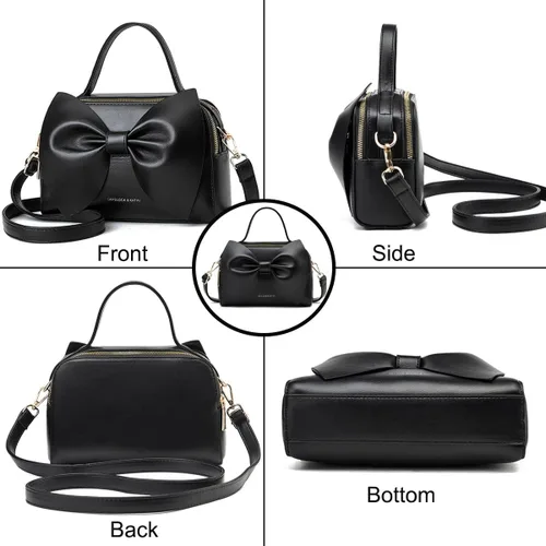Vista 4 de Bolso de hombro para mujer, bolso de piel sintética para niñas, bolso con lazo y asa superior, bolso cruzado para mujer