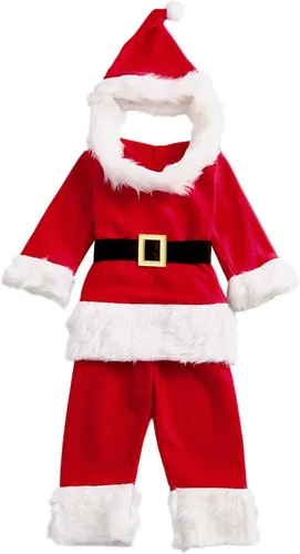 Vista 2 de Fdrone Traje de Papá Noel para niños y niñas, disfraz de Papá Noel, parte superior de felpa, pantalones, cinturón, sombrero de barba para niños