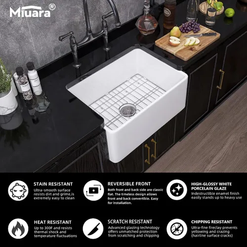 Vista 3 de Miuara Fregadero de Granja de 24 Pulgadas – Fregadero de Cocina Pequeño con Delantal Frontal de Montaje Inferior Reversible 24"x18"x10", Estilo Casa