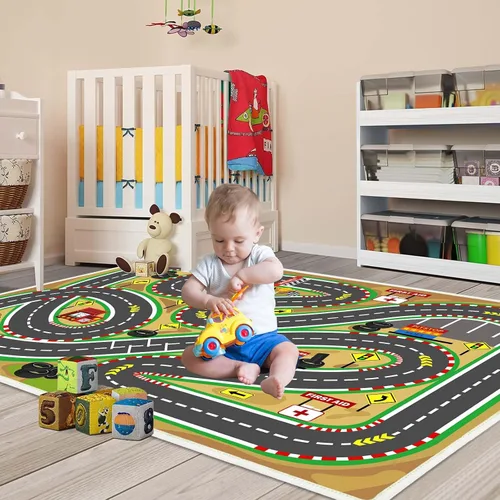 Vista 7 de Alfombra de juego para niños de 31 x 47 pulgadas, suave y antideslizante, alfombra de coche de mapa, alfombra para niños, autos de juguete, pista