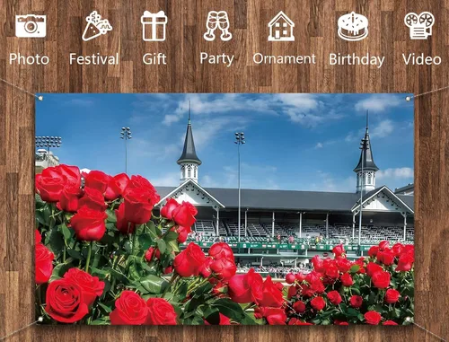 Vista 5 de Vohado Telón de fondo para cabina de fotos de Kentucky Churchill Downs 2025 con temática de carreras de caballos, decoración de pared con rosas