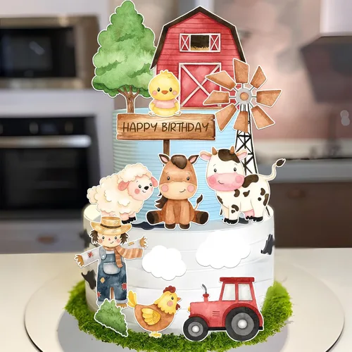 Vista 4 de Decoración para tartas de granja para tartas de cumpleaños de granja, decoración de pasteles de animlas de granja para decoración de fiesta