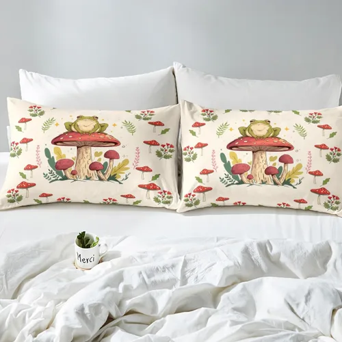 Vista 4 de Juego de funda de edredón con estampado de rana para niños, juego de ropa de cama Kawaii para decoración de habitación, diseño de hongos y rana