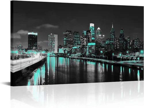 Vista 8 de sechars Lienzo artístico de pared de Filadelfia, blanco y negro, rojo, ciudad de Estados Unidos, horizonte nocturno, impresión fotográfica moderna