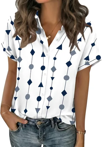 Vista 17 de Zeagoo Blusas de verano de manga corta para mujer, camisas casuales con botones, blusas de trabajo de negocios sólidas/a rayas