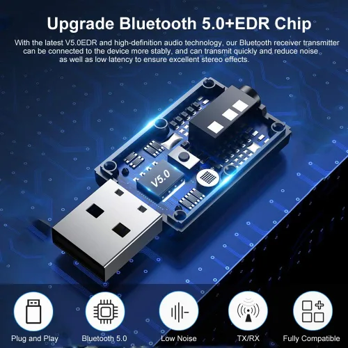 Vista 2 de Bluetooth Car Adapter, Mini Bluetooth 5.0 Stereo Transmitter Receiver, Wireless 3.5mm Aux Jack Hands-Free Calls Kit Audio Adapter Built-in Mic for