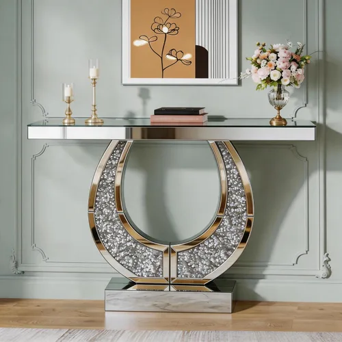 Vista 18 de Mesa Consola Negra con Espejo, Mesa de Sofá de Cristal Rectangular de 48 pulgadas con Elementos Tallados Vintage con Espejo, Muebles de Espejo