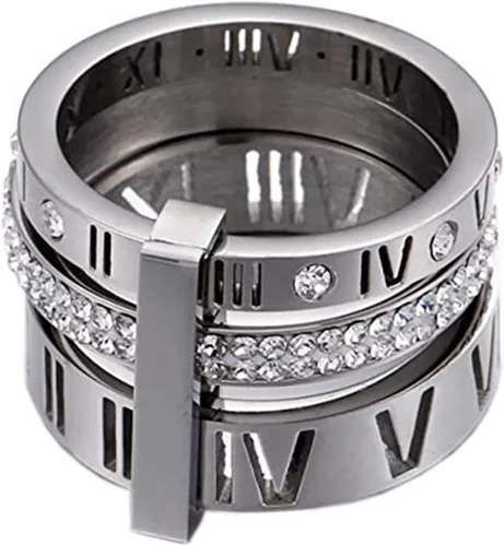 Vista 2 de Anillo Pamtier 3 en 1, de acero inoxidable y zirconia, con números romanos, para mujer