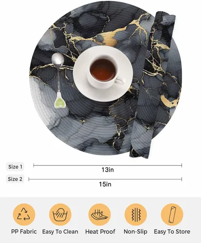 Vista 7 de Round Placemats Set of 6 Marble Texture Art Round Braided Placemats Non-Slip Place Mats for Dining Table, Heat-Protective Decorative Table Mats
