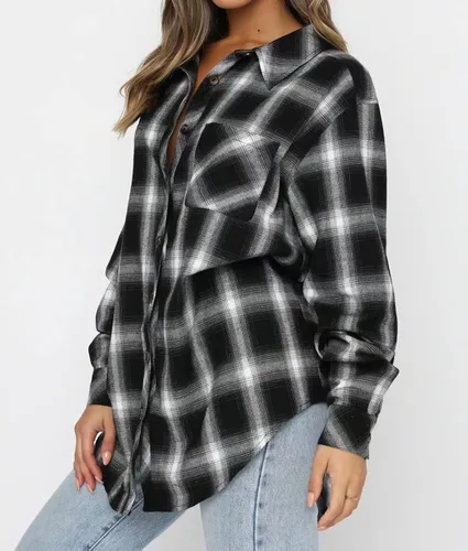 Vista 2 de Lacozy Camisa de franela a cuadros para mujer, manga larga, cuello con botones, blusas
