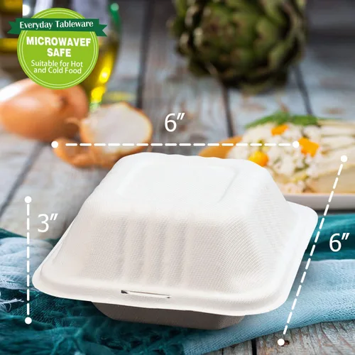 Vista 4 de Green Earth Concha compostable de 6 pulgadas, 100 unidades ecológicas Bagazo natural, cajas para llevar, tapa con bisagras, apta para microondas