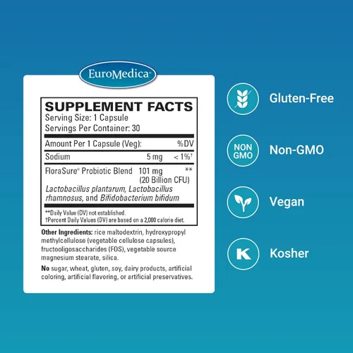 Vista 2 de EuroMedica FloraSure Probiotic - Suplemento de digestión para ayudar contra la hinchazón ocasional y aliviar los gases - Suplemento de apoyo a