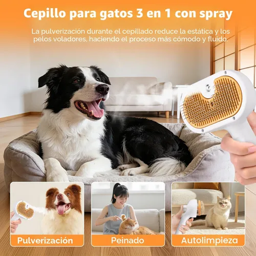 Vista 4 de Cepillo de vapor para mascotas para perros y gatos – Peine de depilación en aerosol 3 en 1 para quitar pelo y aseo, suaviza la piel y reduce
