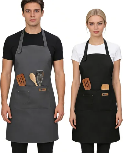 Vista 11 de Paquete de 2 delantales de cocina ajustables para mujeres y hombres con bolsillos, delantal de trabajo, parrilla, restaurante