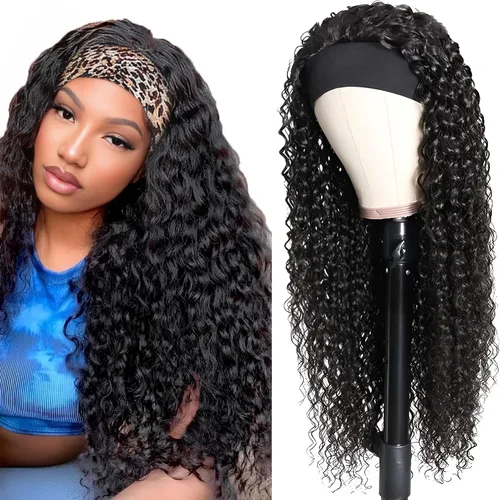 Vista 16 de Youngirl Peluca de cabello humano ondulado profundo con diadema de 12 pulgadas para mujeres negras, sin pegamento, sin encaje frontal, peluca