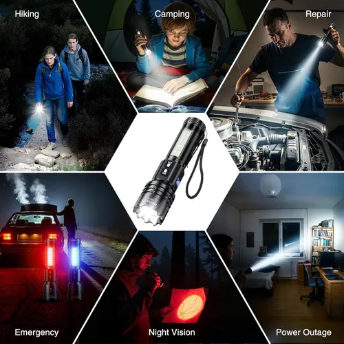 Vista 7 de RECHOO Linternas Recargables de Altos Lúmenes, Linterna de 7Modos con Interruptor Dual Recargable con Pantalla Digital LCD, Linterna Súper Brillante