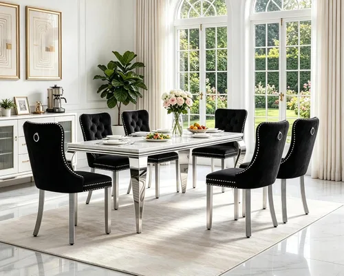 Vista 26 de Juego de 5 mesas de comedor de mármol sintético para 4 mesas de cocina de lujo de 68 pulgadas de oro blanco con 4 sillas tapizadas de terciopelo