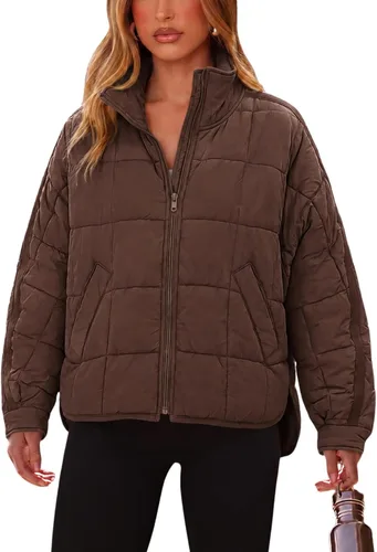 Vista 15 de Omoone Chaqueta acolchada con cremallera para mujer, ligera y acolchonada, con capucha, de gran tamaño Verde militar