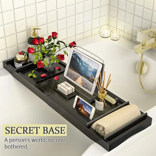 Vista 2 de Bandeja de baño para tina, bandeja organizadora ajustable de bambú con jabonera, ideal para spa de lujo o lectura (negro)