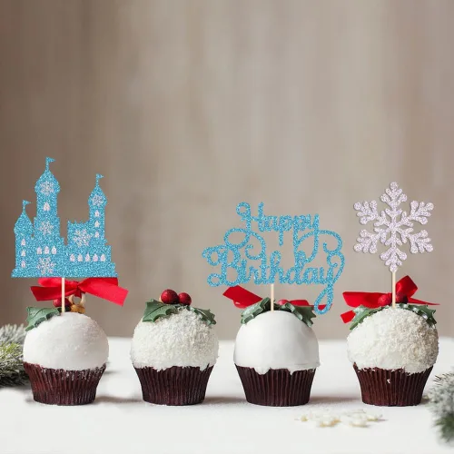 Vista 5 de Decoración de pastel de cumpleaños de castillo congelado, 3 piezas de decoración de pastel temático de invierno del país de las maravillas