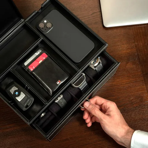 Vista 4 de Joyero organizador y bandeja de aparador para hombre, estación de mesita de noche de primera calidad para relojes, anillos y accesorios, elegante