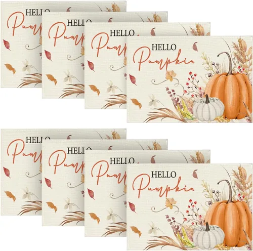 Vista 14 de Artoid Mode Juego de 2 manteles individuales de otoño de 12 x 18 pulgadas con diseño de hojas florales de calabaza naranja y calabaza