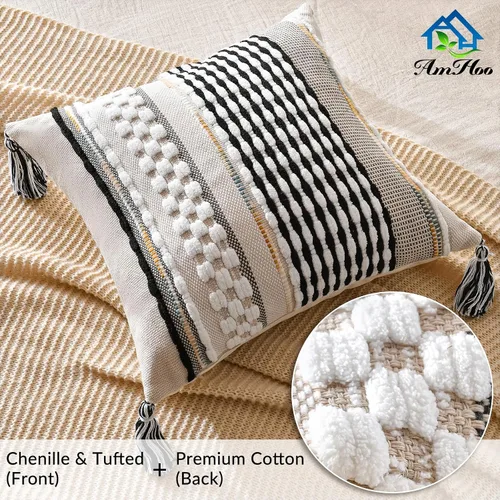 Vista 2 de AmHoo - Fundas de almohada de 18 x 18 pulgadas con borlas, fundas de almohada decorativas tejidas con textura de chenilla estilo boho para sofá