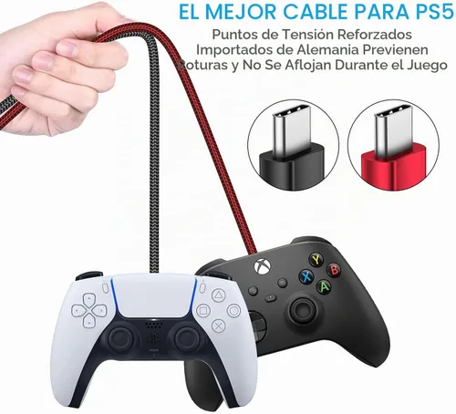 Vista 4 de Cable de carga para controlador PS5 – Paquete de 2 cables de datos tipo C a USB A de 10 pies, cable de sincronización de alta velocidad
