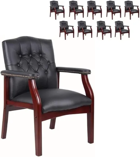 Vista 11 de Pemberly Row Silla de invitados tradicional de piel sintética, tapicería negra, base de madera de caoba con clavos de latón antiguo, 24.5 x 27 x