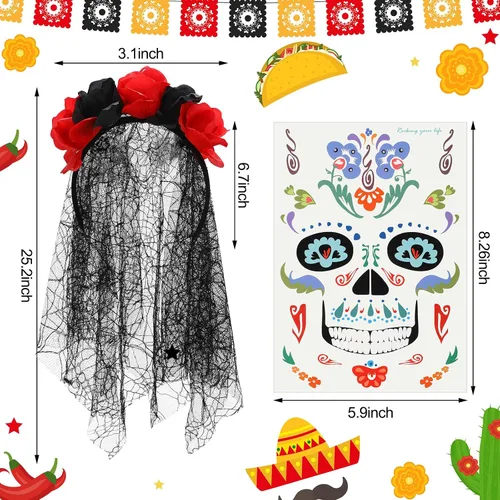 Vista 2 de Xaatren 5 Halloween Día de los Muertos Español Disfraz Conjunto Falda Esqueleto Guantes Medias Tatuajes Cara Floral Corona Velo