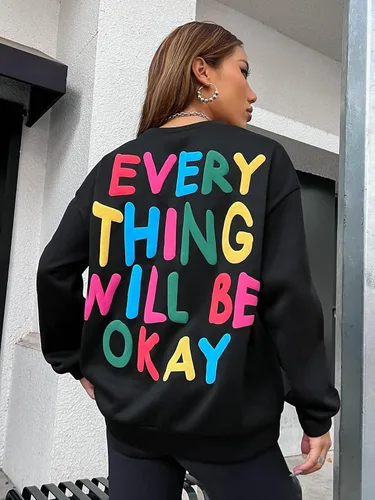 Vista 3 de SOLY HUX Sudadera de manga larga con cuello redondo y estampado de letras para mujer